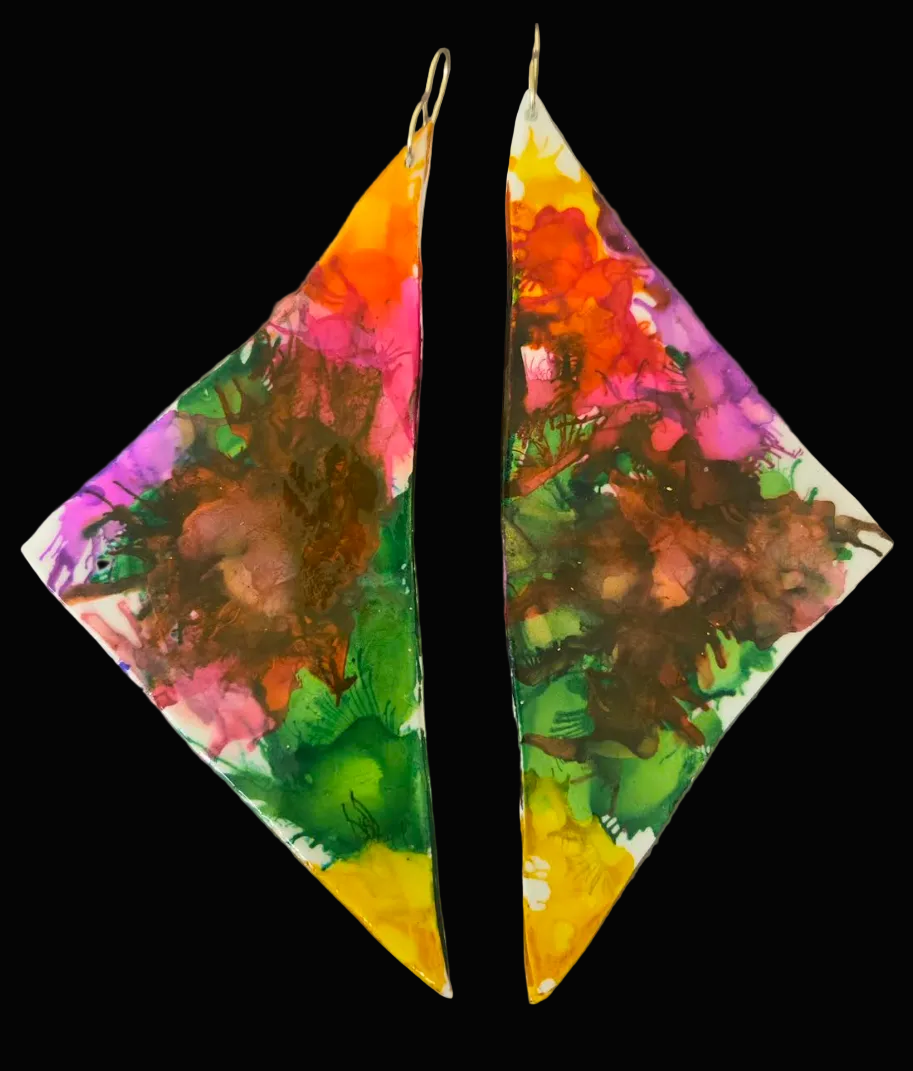 Multi Color Alcohol Ink Oversized Triangular Wing Shoulder Duster Earrings