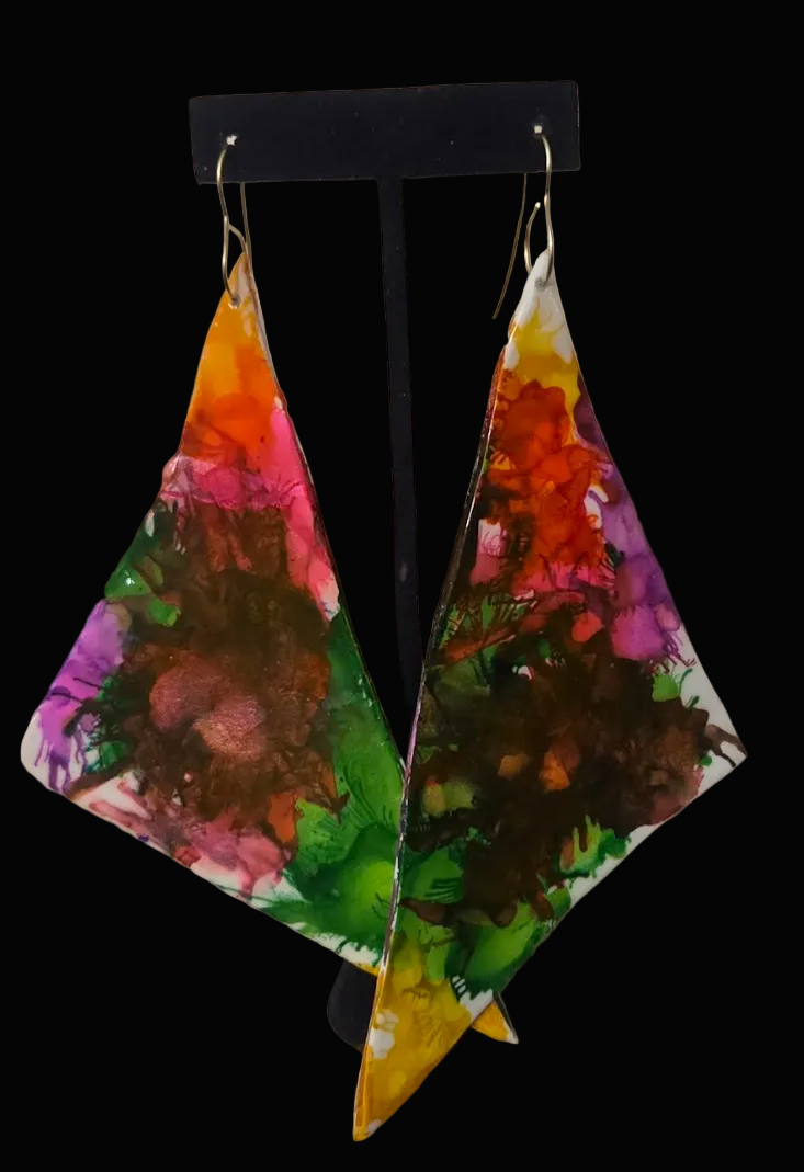 Multi Color Alcohol Ink Oversized Triangular Wing Shoulder Duster Earrings