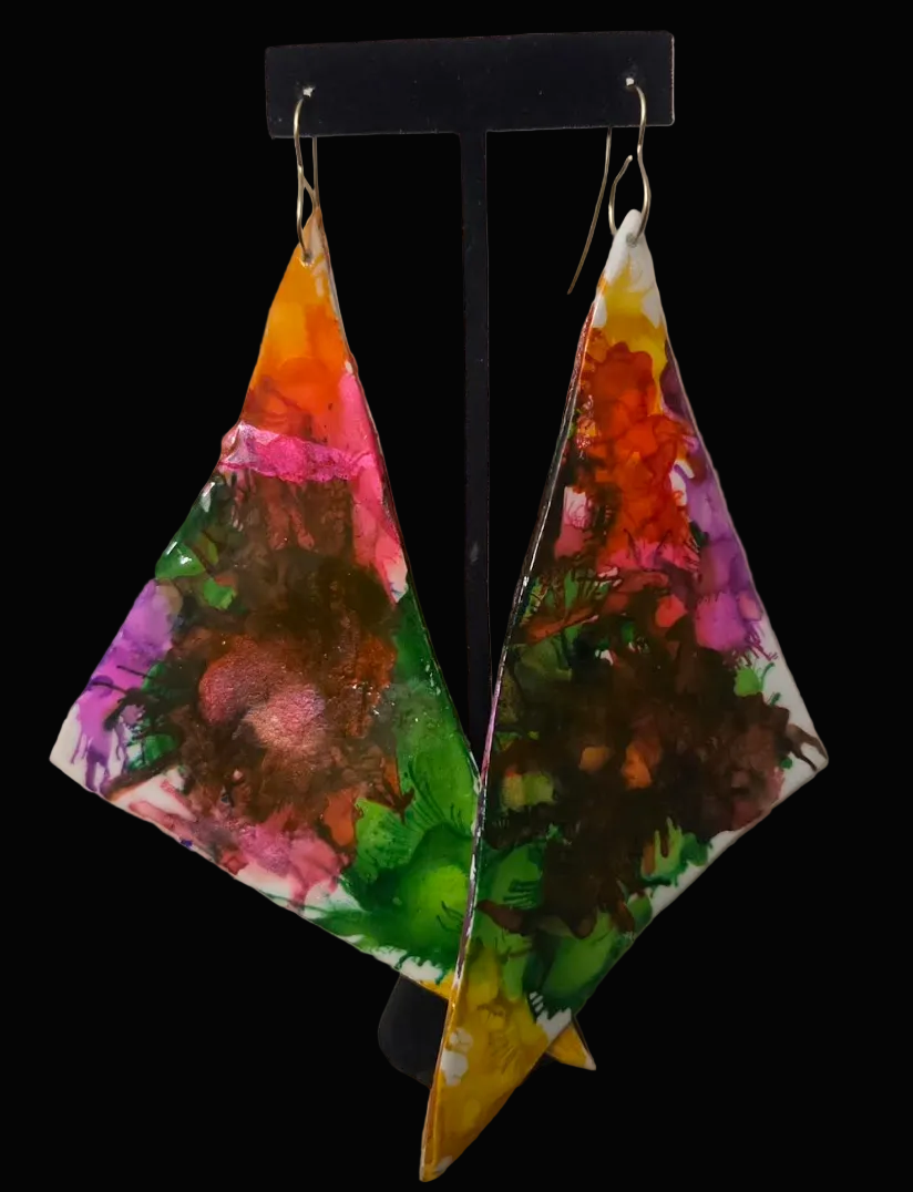 Multi Color Alcohol Ink Oversized Triangular Wing Shoulder Duster Earrings
