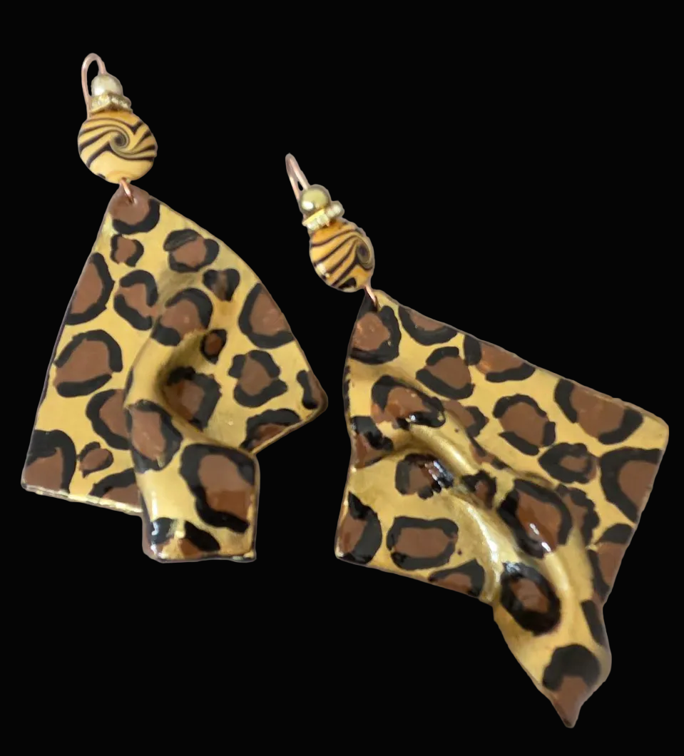 Hand Sculpted Oversized Geometric Leopard Statement Pierced Earrings