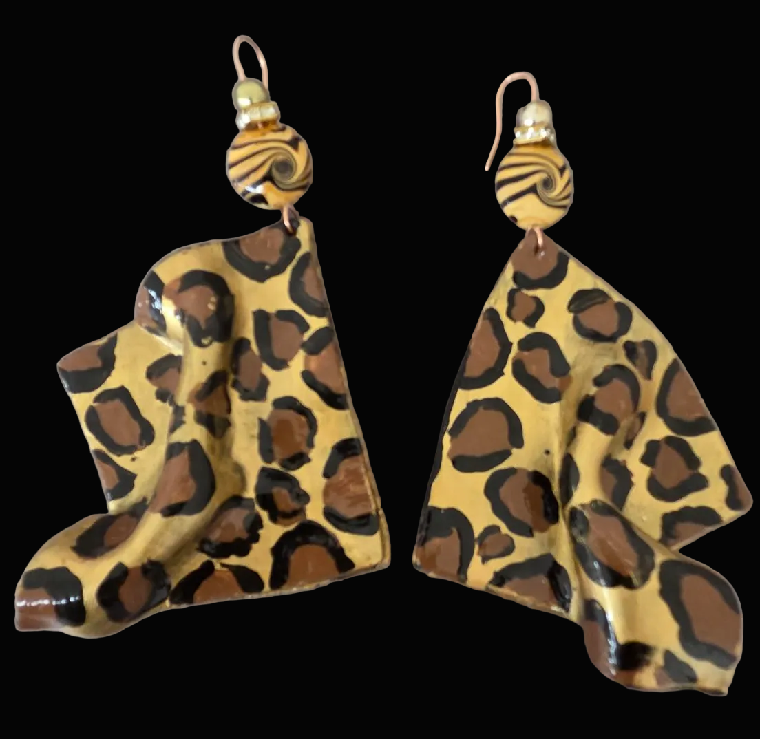 Hand Sculpted Oversized Geometric Leopard Statement Pierced Earrings