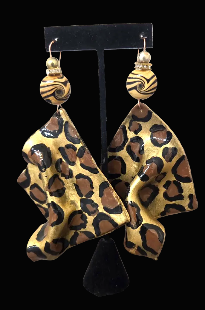 Hand Sculpted Oversized Geometric Leopard Statement Pierced Earrings