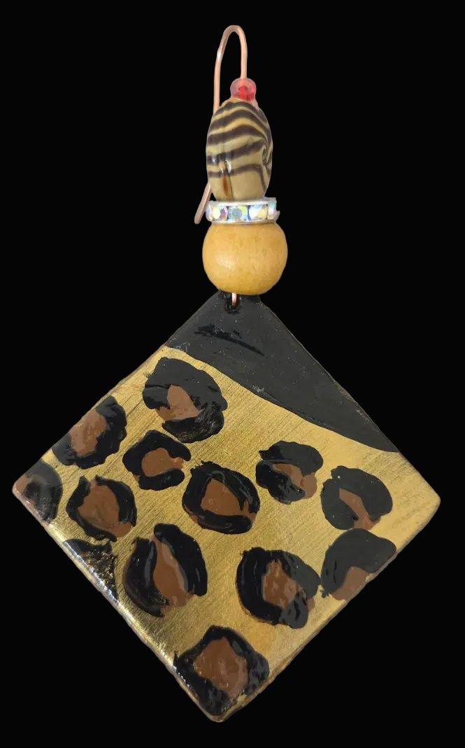 Hand Painted Leopard Geometric Statement Ear Dangles - OOAK Art