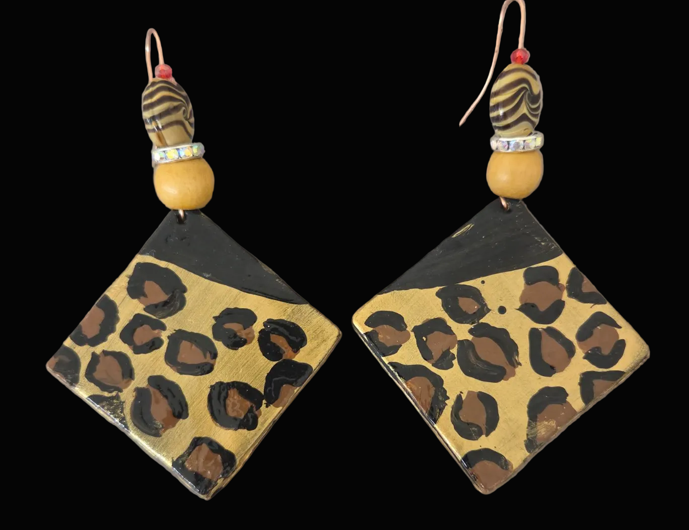 Hand Painted Leopard Geometric Statement Ear Dangles - OOAK Art