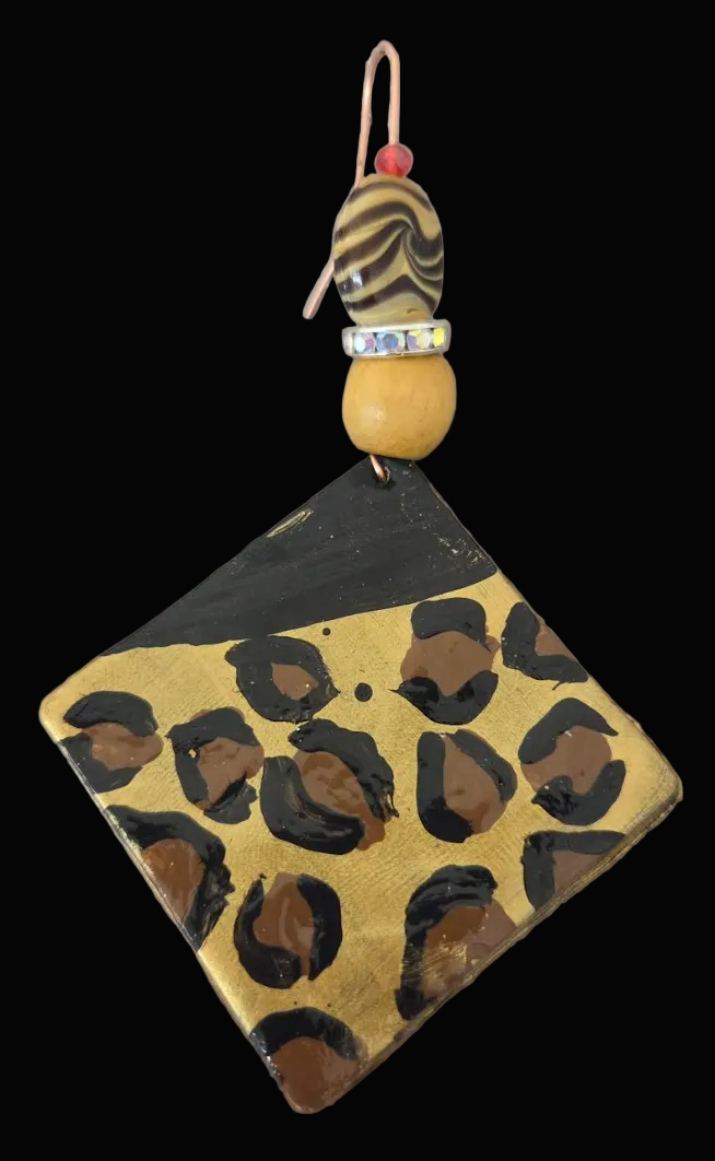 Hand Painted Leopard Geometric Statement Ear Dangles - OOAK Art