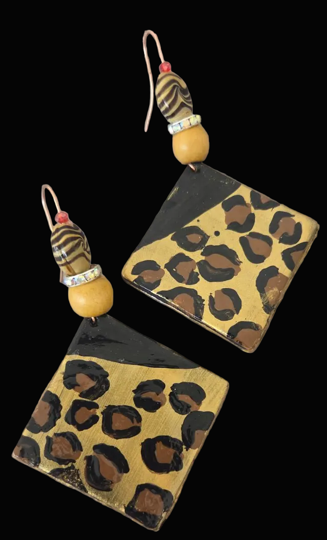 Hand Painted Leopard Geometric Statement Ear Dangles - OOAK Art