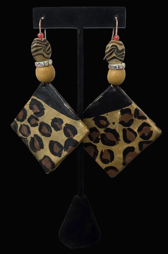 Hand Painted Leopard Geometric Statement Ear Dangles - OOAK Art