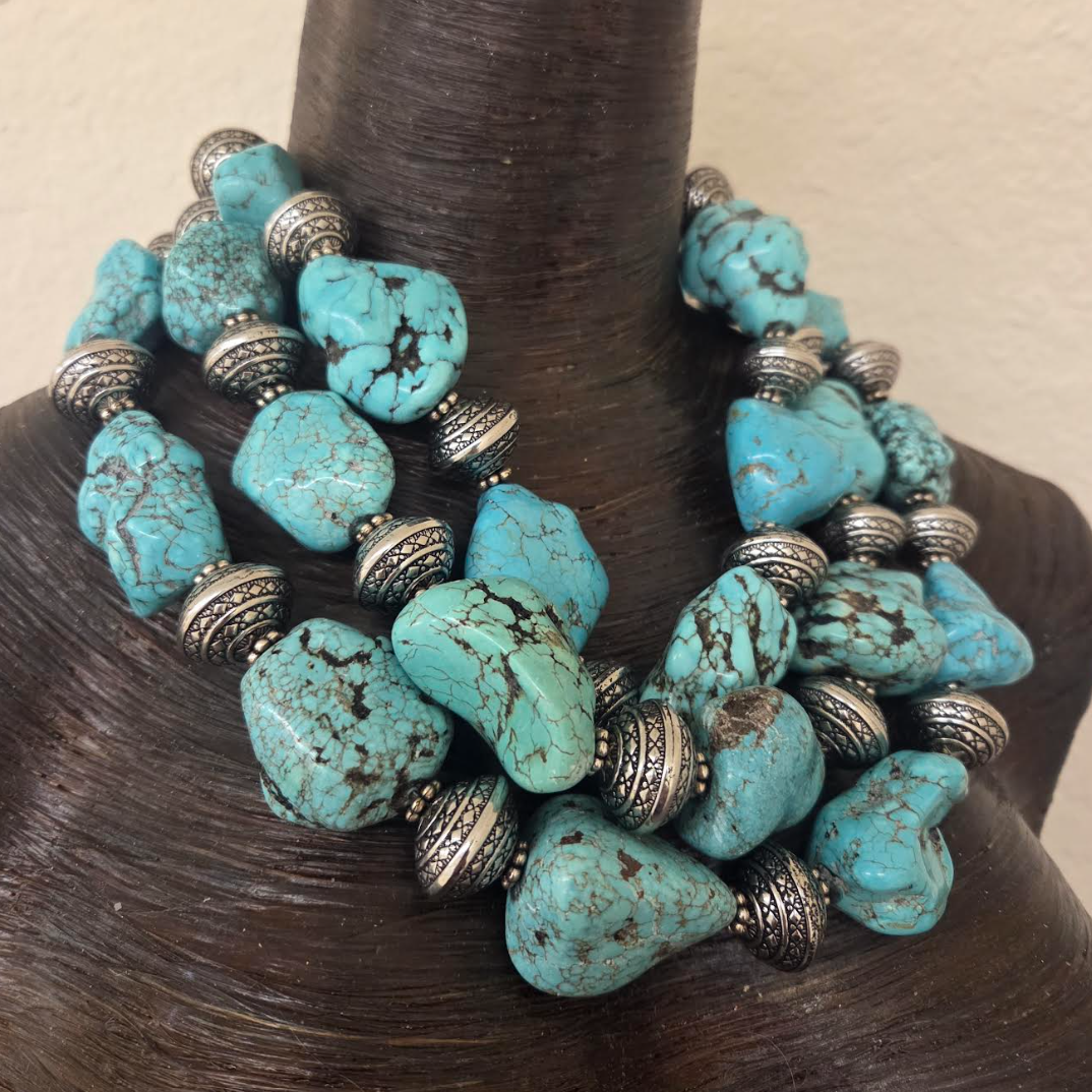 XL Magnesite Boulder & Metal Bicone Multi Strand Statement Necklace