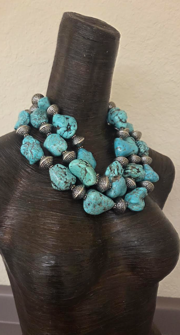 XL Magnesite Boulder & Metal Bicone Multi Strand Statement Necklace