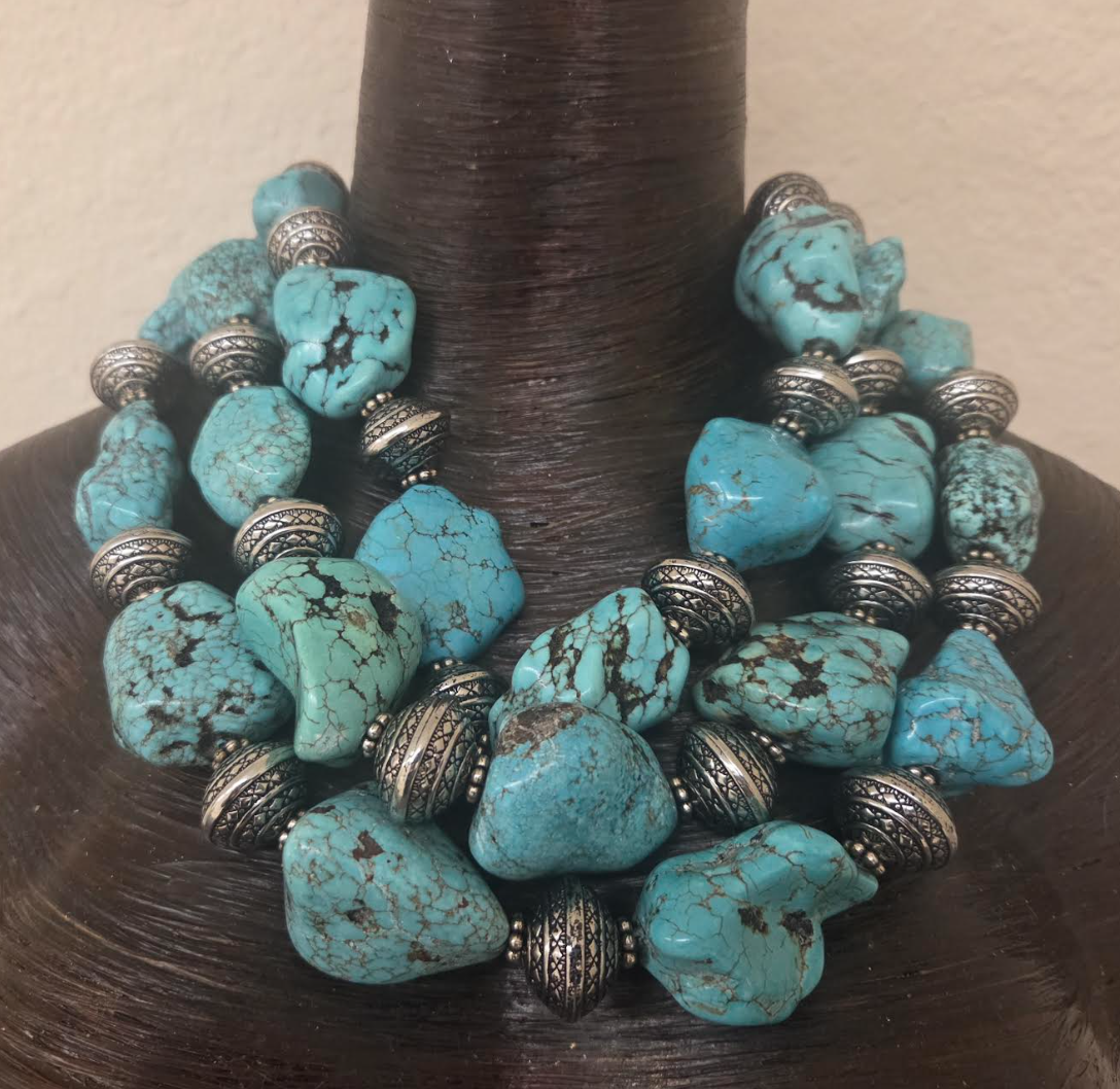 XL Magnesite Boulder & Metal Bicone Multi Strand Statement Necklace