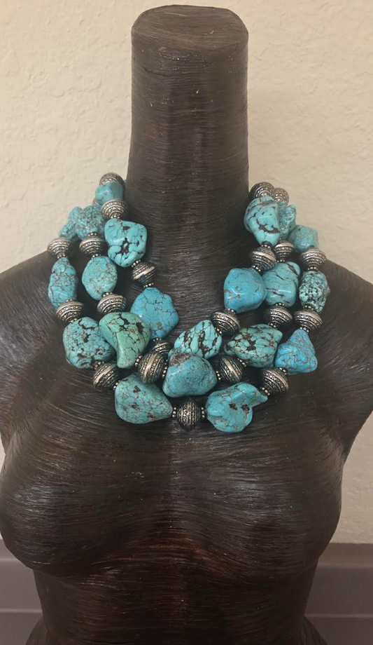 XL Magnesite Boulder & Metal Bicone Multi Strand Statement Necklace