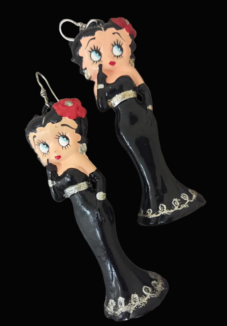Vintage Betty Boop Black Evening Gown Statement Pierced Earrings
