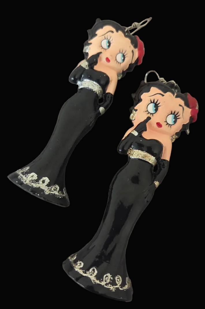 Vintage Betty Boop Black Evening Gown Statement Pierced Earrings