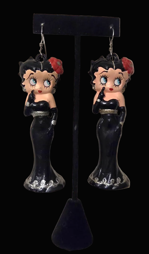 Vintage Betty Boop Black Evening Gown Statement Pierced Earrings