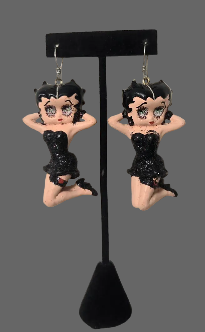 Seductive Vintage Betty Boop Black Glitter Dress Statement Earrings