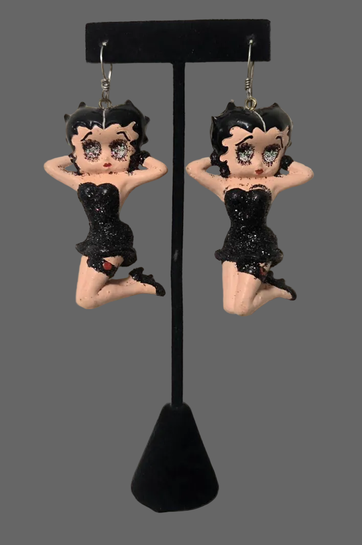 Seductive Vintage Betty Boop Black Glitter Dress Statement Earrings