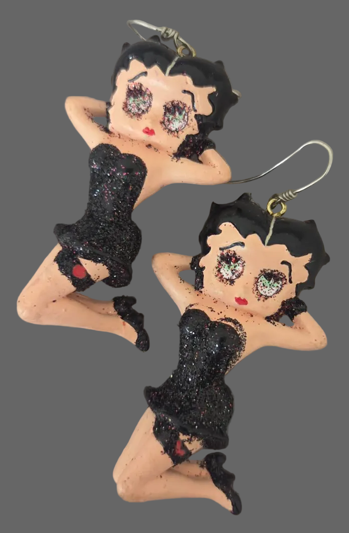 Seductive Vintage Betty Boop Black Glitter Dress Statement Earrings