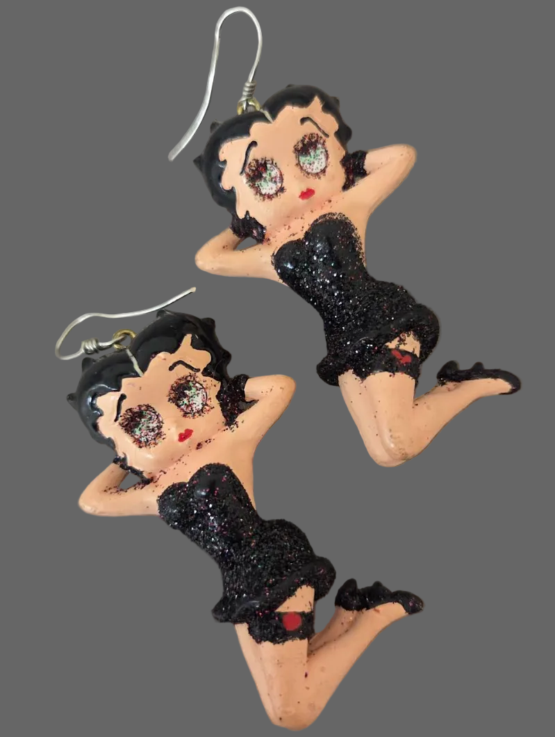 Seductive Vintage Betty Boop Black Glitter Dress Statement Earrings