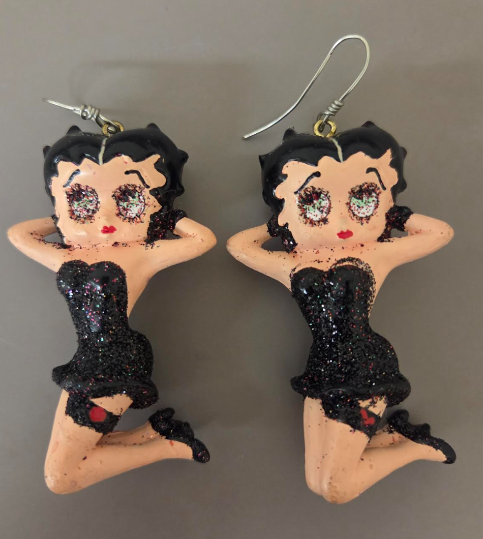 Seductive Vintage Betty Boop Black Glitter Dress Statement Earrings