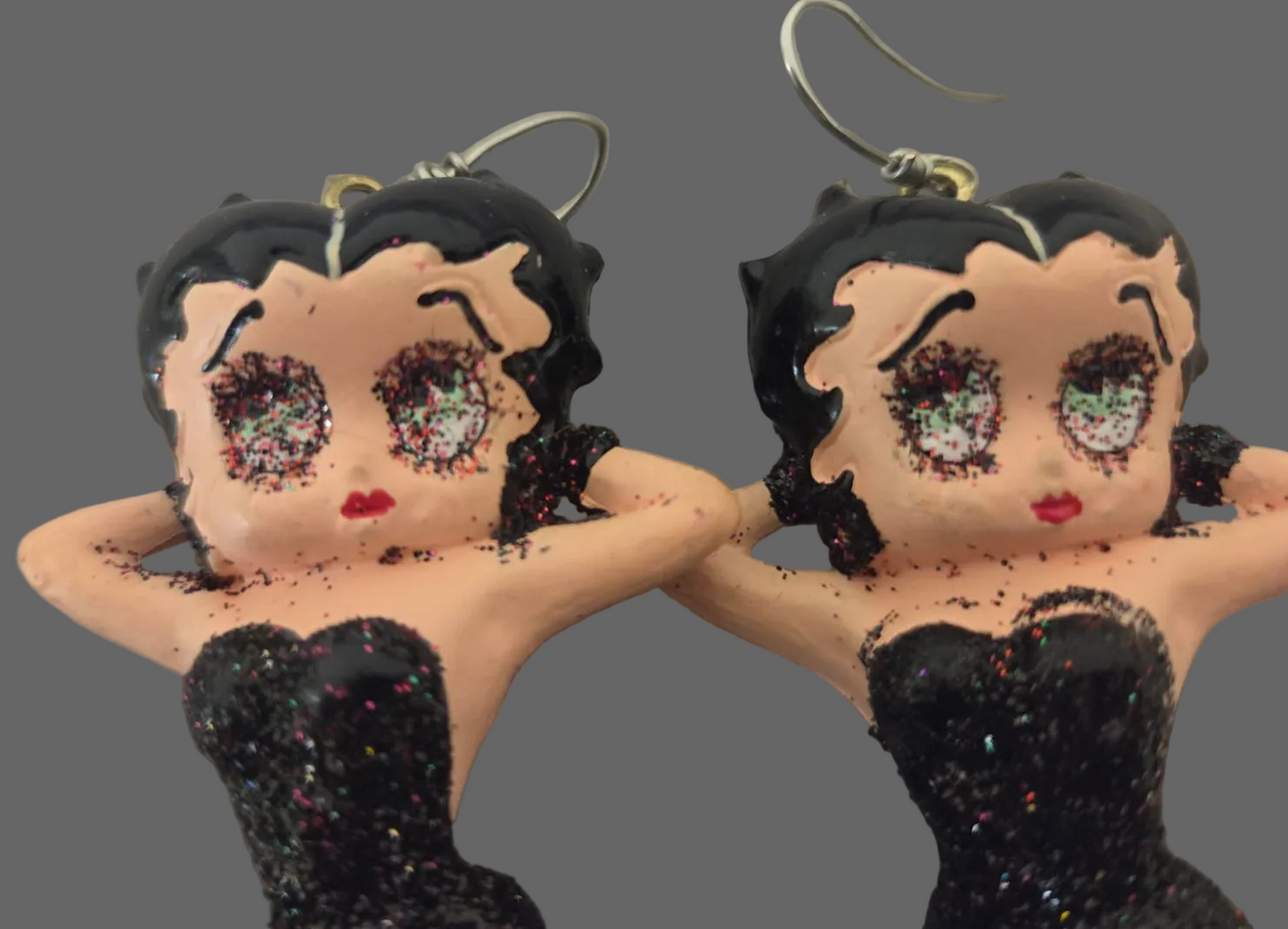 Seductive Vintage Betty Boop Black Glitter Dress Statement Earrings