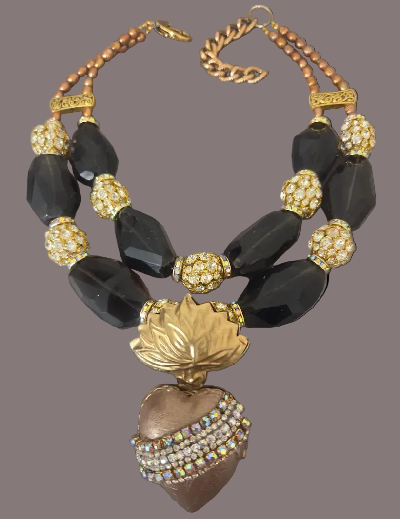 Smoky Quartz & Rhinestone Bling Statement Necklace - Milagros Locket
