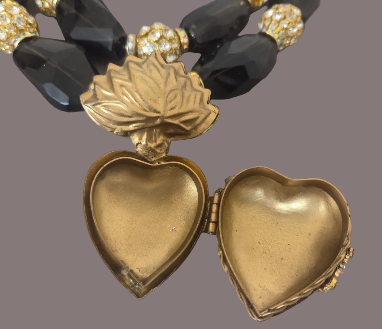 Smoky Quartz & Rhinestone Bling Statement Necklace - Milagros Locket