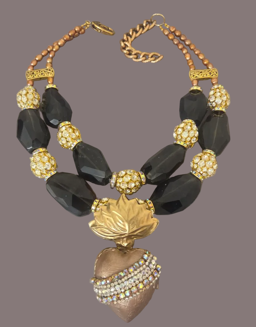 Smoky Quartz & Rhinestone Bling Statement Necklace - Milagros Locket