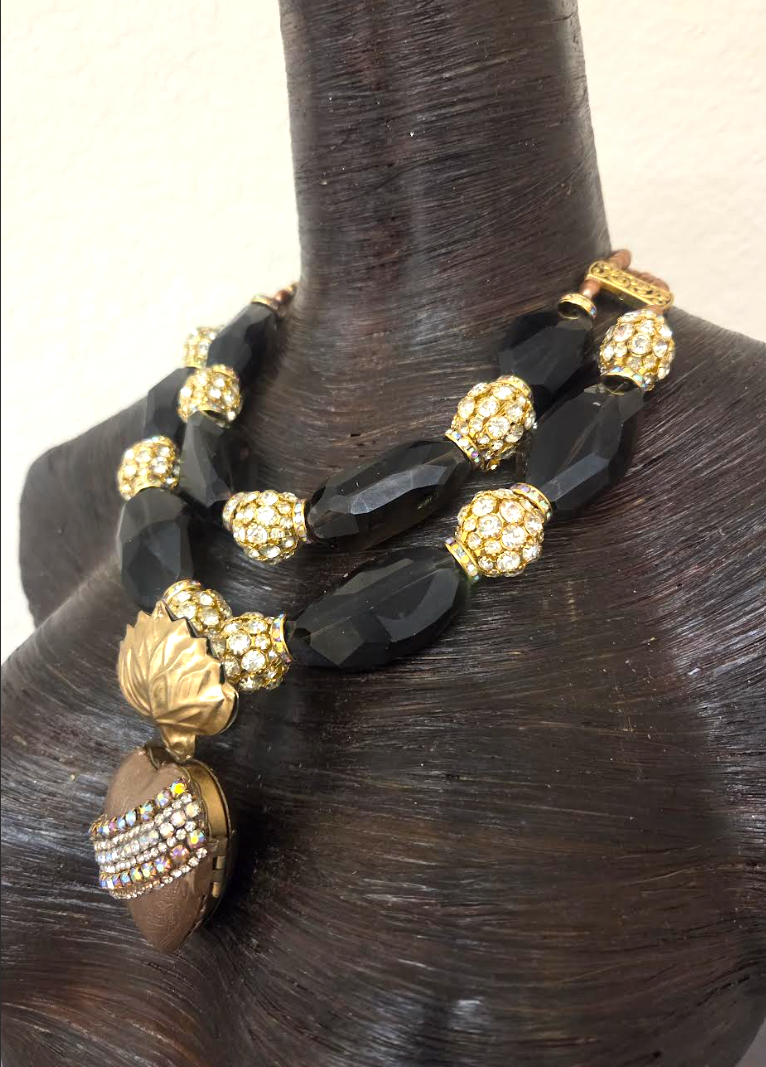 Smoky Quartz & Rhinestone Bling Statement Necklace - Milagros Locket