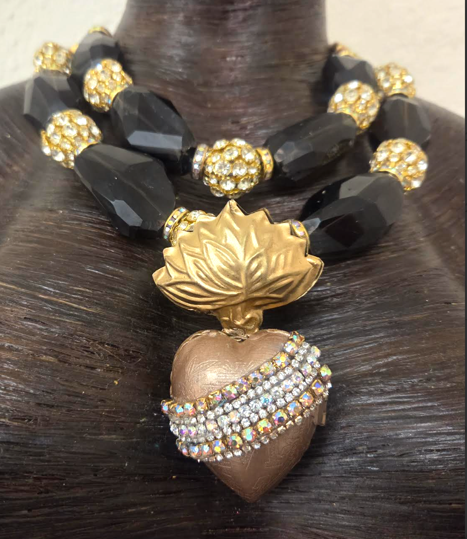 Smoky Quartz & Rhinestone Bling Statement Necklace - Milagros Locket
