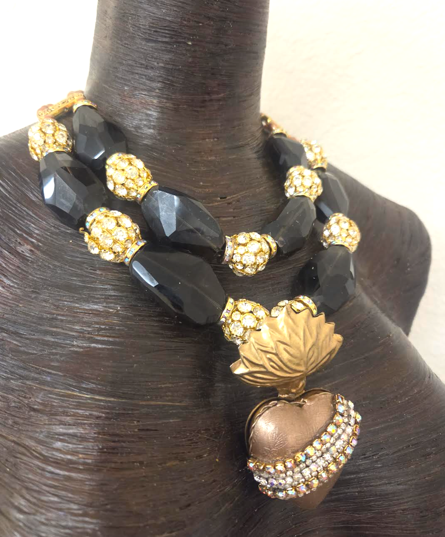 Smoky Quartz & Rhinestone Bling Statement Necklace - Milagros Locket