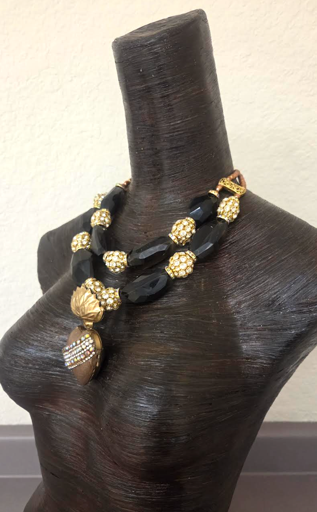 Smoky Quartz & Rhinestone Bling Statement Necklace - Milagros Locket