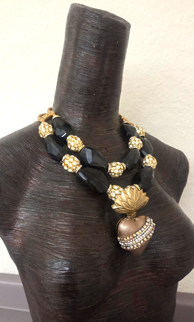 Smoky Quartz & Rhinestone Bling Statement Necklace - Milagros Locket