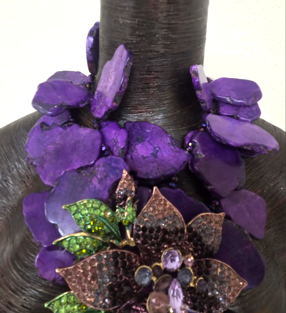 Purple Resin Slab Statement Necklace with Huge Rhinestone Flower
