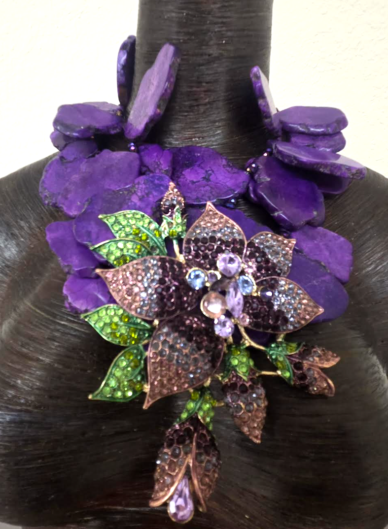 Purple Resin Slab Statement Necklace with Huge Rhinestone Flower