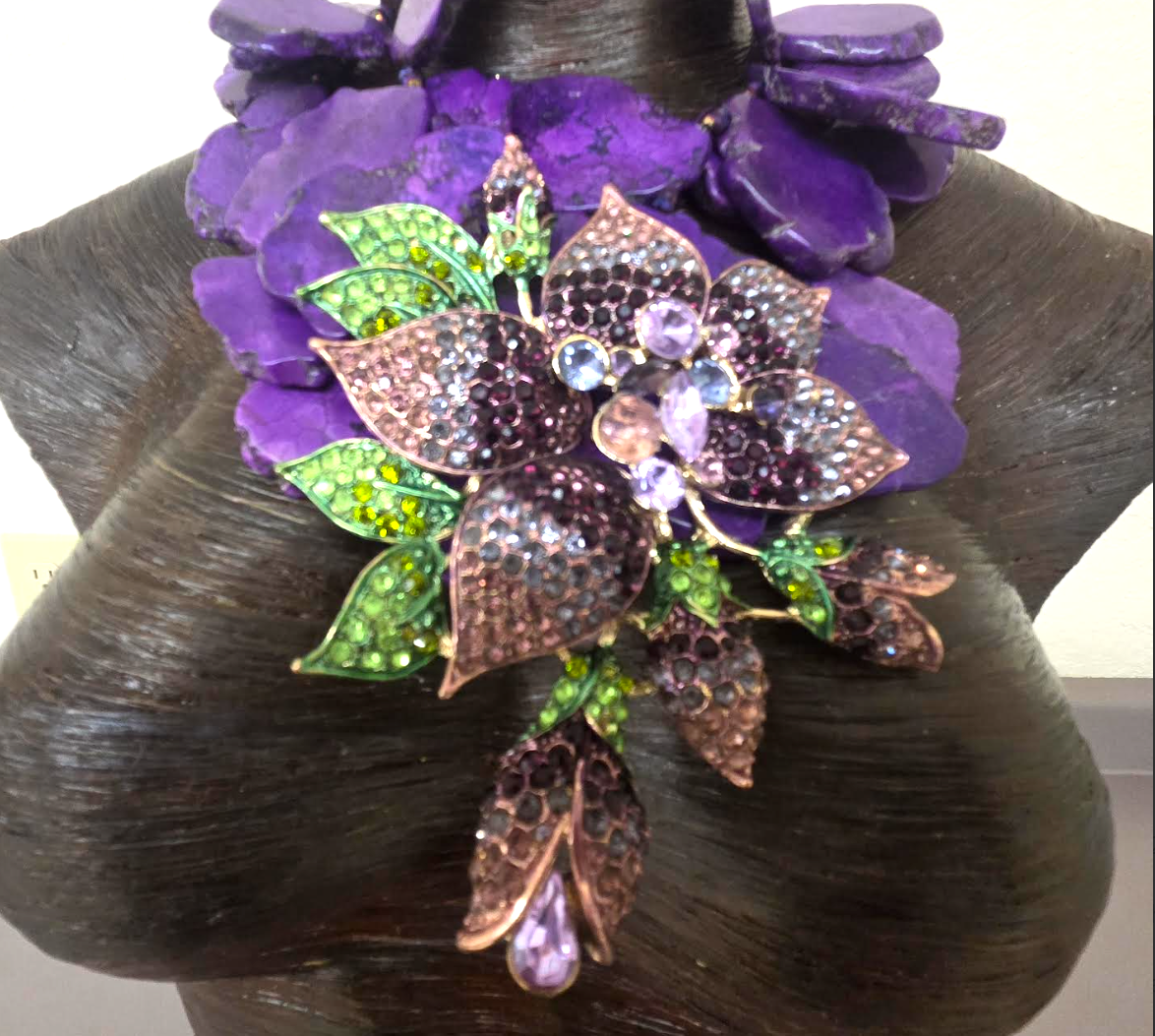 Purple Resin Slab Statement Necklace with Huge Rhinestone Flower