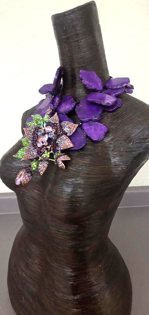 Purple Resin Slab Statement Necklace with Huge Rhinestone Flower