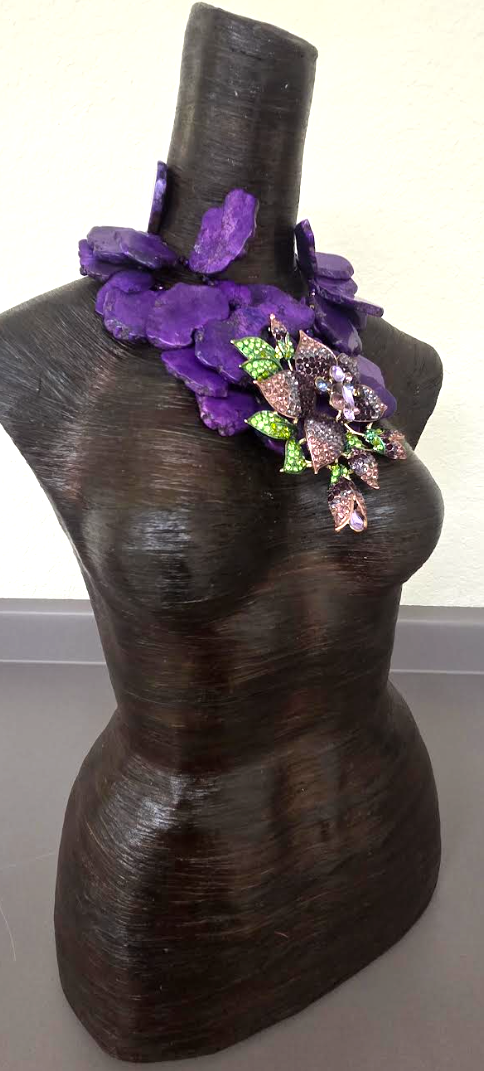 Purple Resin Slab Statement Necklace with Huge Rhinestone Flower