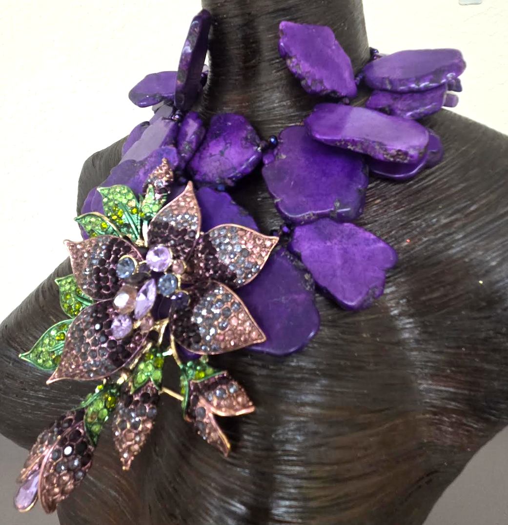Purple Resin Slab Statement Necklace with Huge Rhinestone Flower