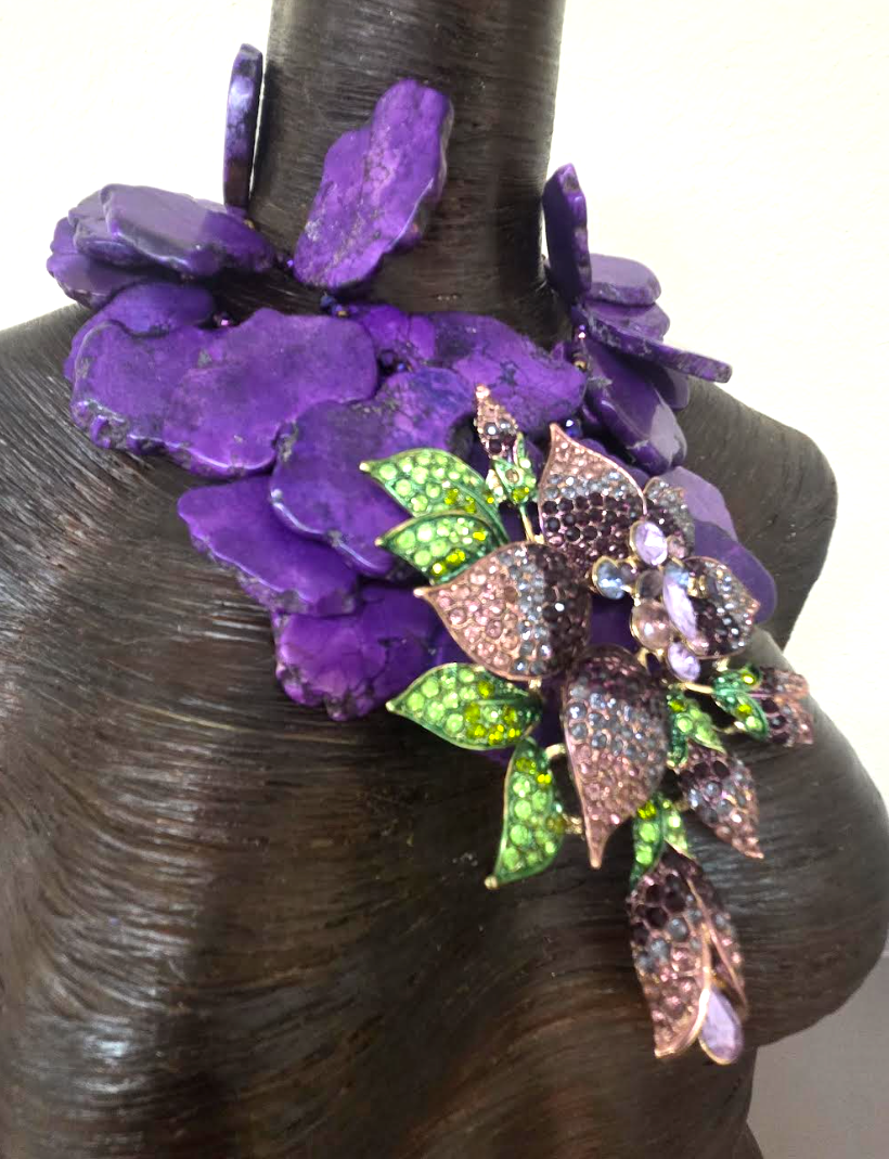 Purple Resin Slab Statement Necklace with Huge Rhinestone Flower