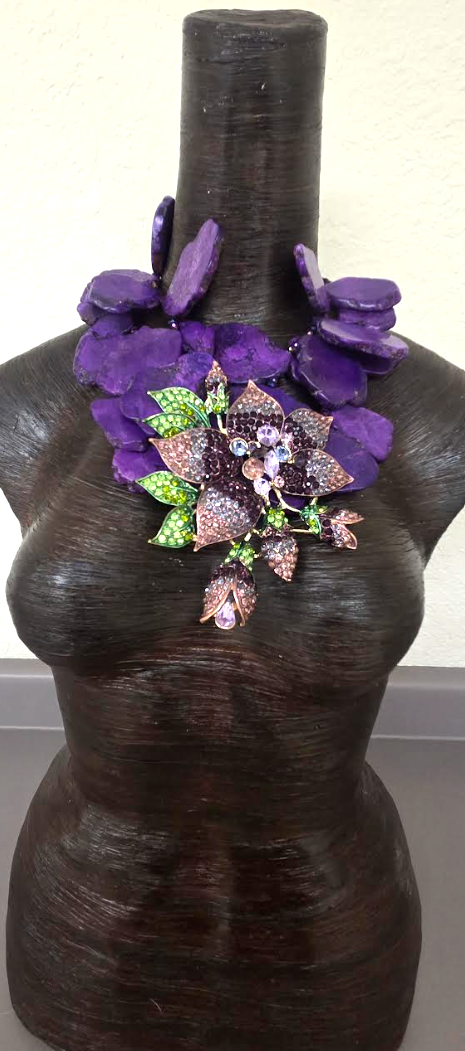 Purple Resin Slab Statement Necklace with Huge Rhinestone Flower