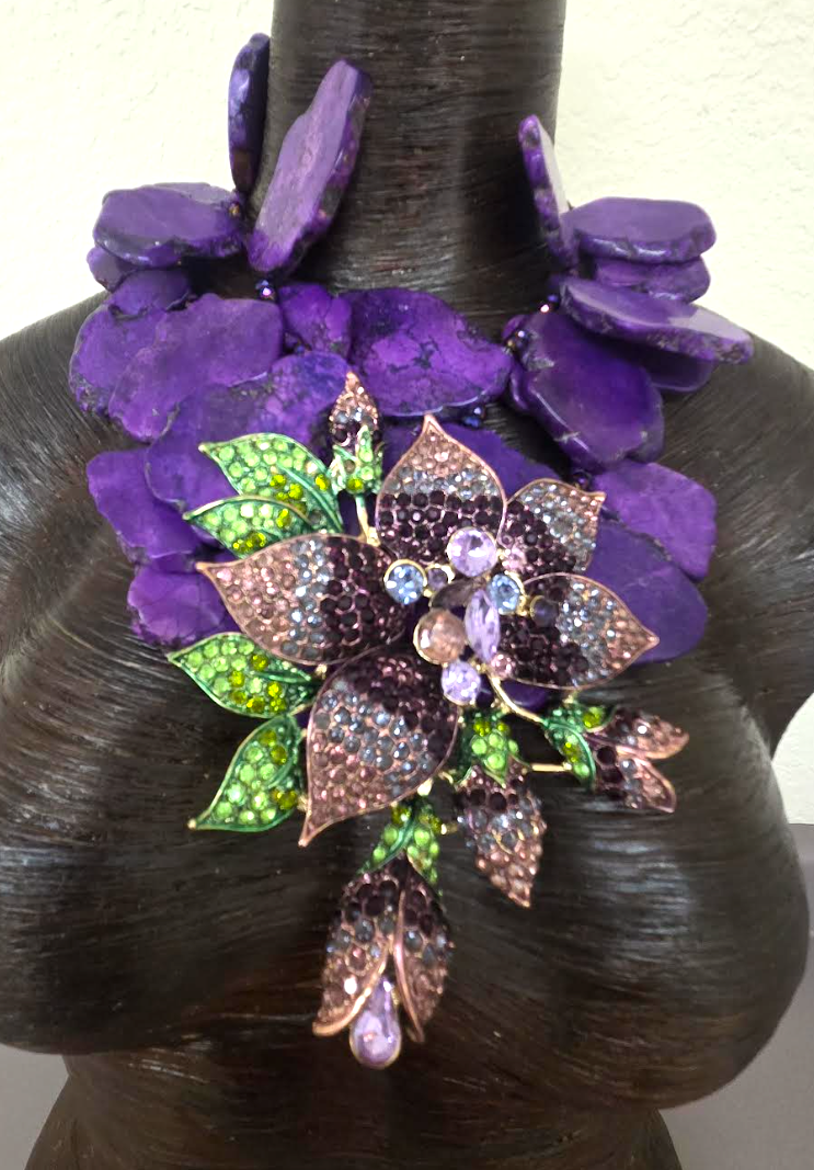Purple Resin Slab Statement Necklace with Huge Rhinestone Flower