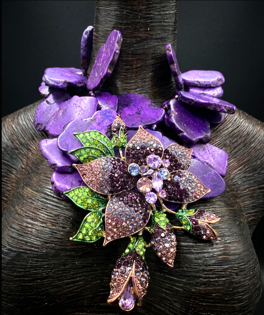 Purple Resin Slab Statement Necklace with Huge Rhinestone Flower