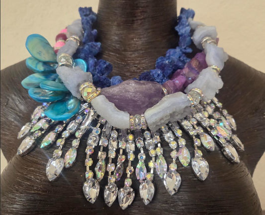 Mixed Gemstone & Rhinestone Showy Statement Necklace Set - Bespoke