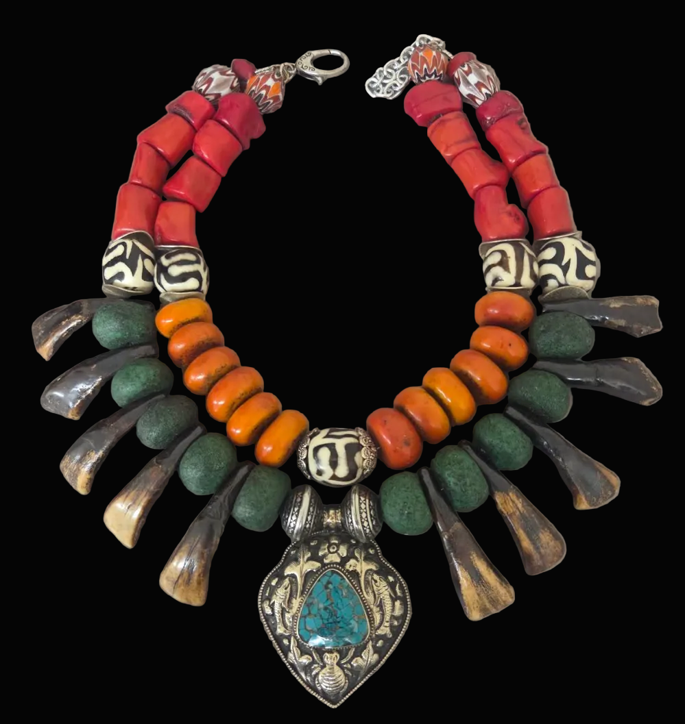 Exotic Tribal Luxe Necklace - Moroccan Resin, Zebu Bone & Bison Teeth