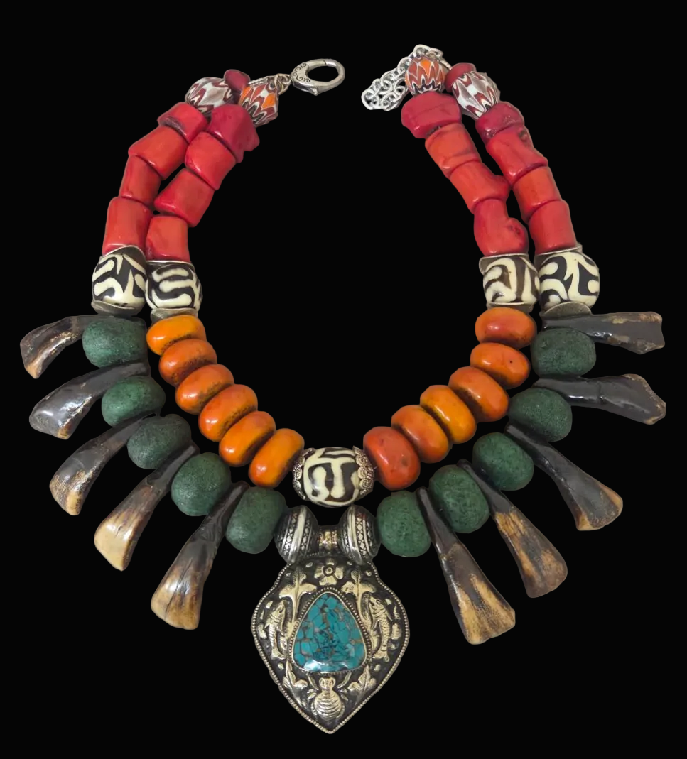 Exotic Tribal Luxe Necklace - Moroccan Resin, Zebu Bone & Bison Teeth