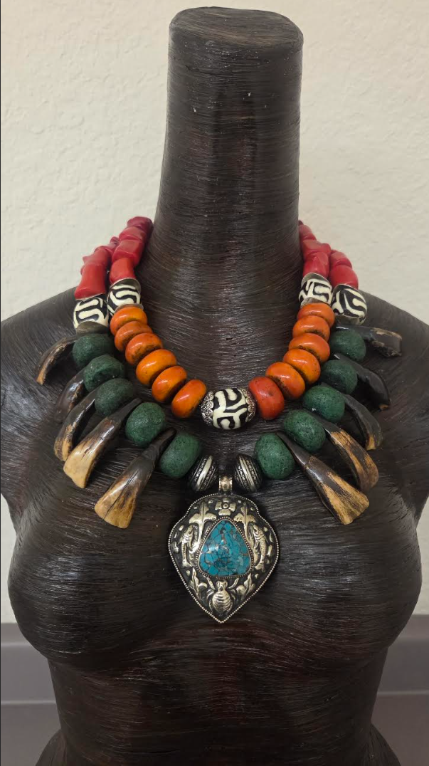 Exotic Tribal Luxe Necklace - Moroccan Resin, Zebu Bone & Bison Teeth
