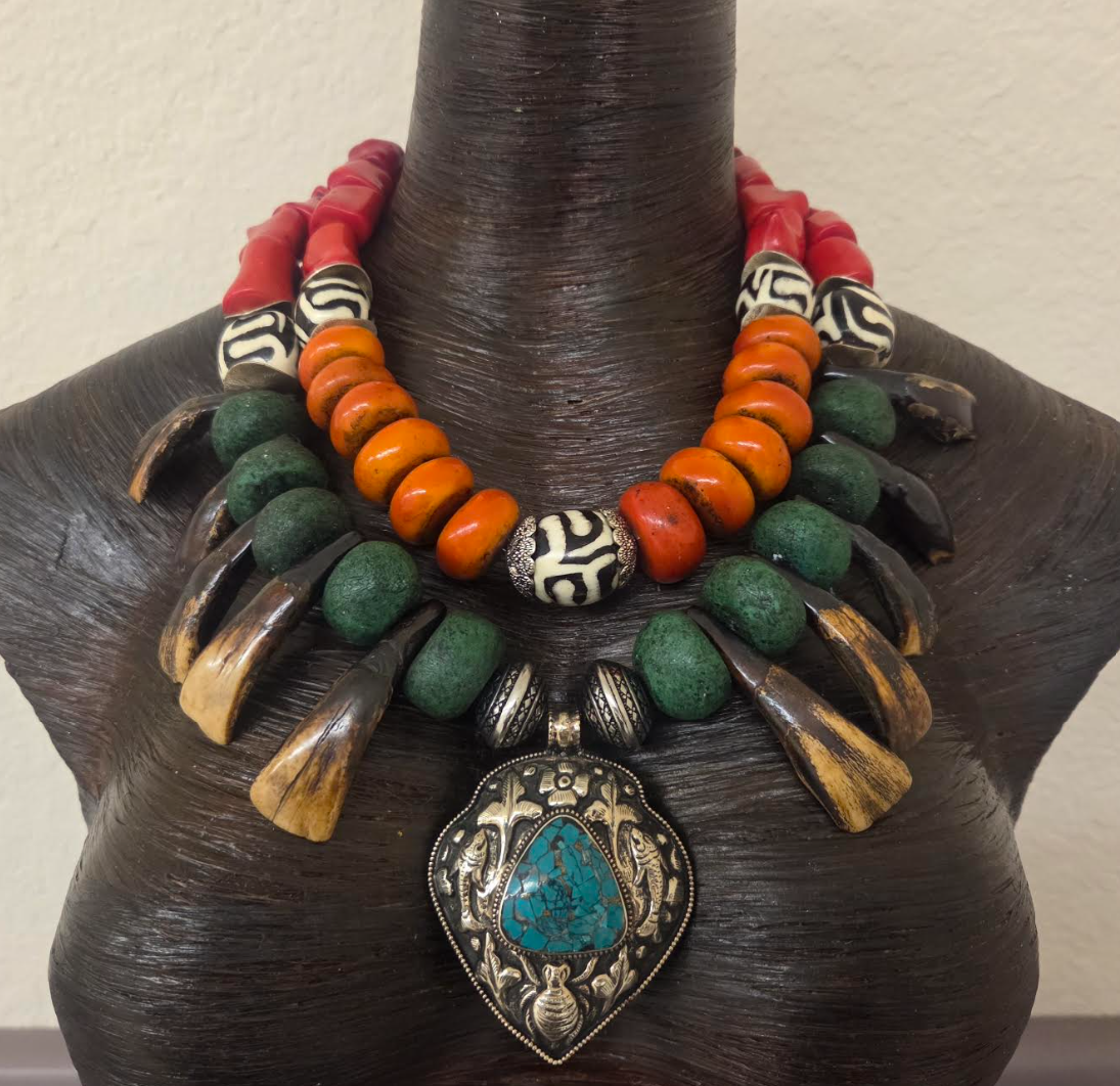 Exotic Tribal Luxe Necklace - Moroccan Resin, Zebu Bone & Bison Teeth