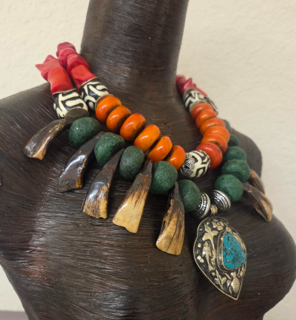 Exotic Tribal Luxe Necklace - Moroccan Resin, Zebu Bone & Bison Teeth