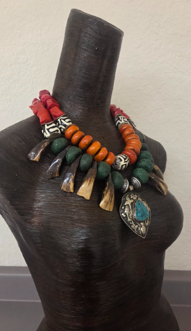 Exotic Tribal Luxe Necklace - Moroccan Resin, Zebu Bone & Bison Teeth