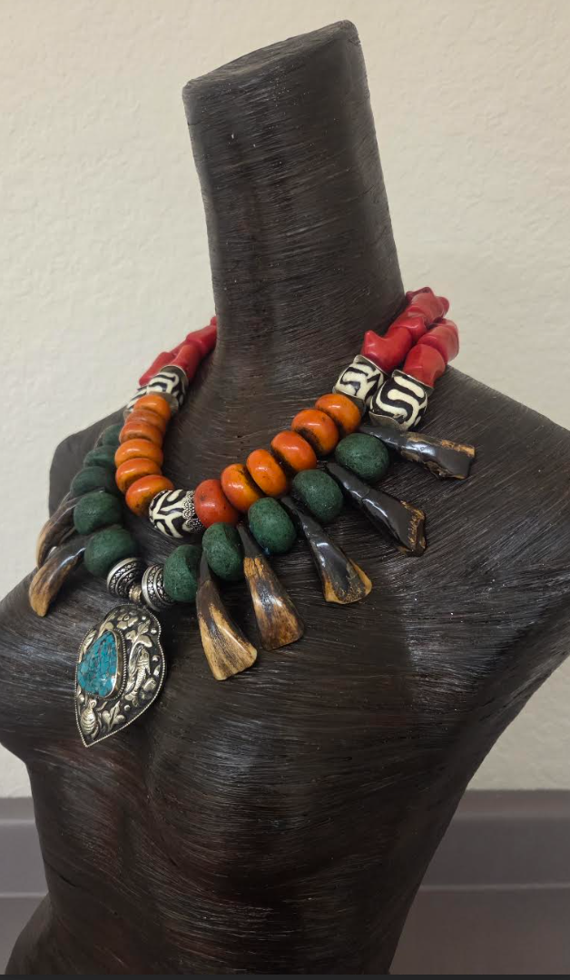 Exotic Tribal Luxe Necklace - Moroccan Resin, Zebu Bone & Bison Teeth